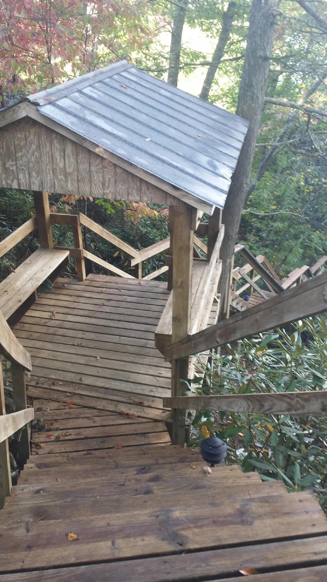 Metal roofed shelter over wooden steps on a wooded walkway — Skylight Repair & Installation work by our crew in Blair